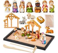 Soulchen 16 Pcs Little People Toy Nativity Set Zen Garden Kit for Desk Nativity Figurines Resin Tabletop Ornaments 12.6" x 7.9" Sand Garden Box Decor Set for Home Office