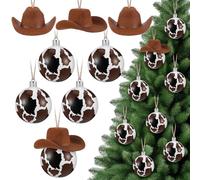 Soulchen 16 Pcs Western Christmas Ornaments Include 8 Pcs 2.4 Inch Cow Print Christmas Ball Ornaments with 8 Cowboy Hats Country Western Cow Decorations for Xmas Tree Home Decor