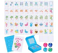 Soulchen 168 Pcs Mahjong Playing Cards American Style Beach Vacation Theme Numbered Large Print PVC Poker Mahjong Tiles with 4 Dices 2 Storage Box for Travel Home, Portable Gift (Beach Vacation, Blue)