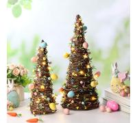 Soulchen 2 Pcs Easter Rattan Cone Tree Decoration Artificial Table Tree with Pastel Berries LED Lights for Easter Porch Kitchen Mantle Table Decor Spring Centerpiece Decorations
