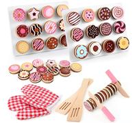 Soulchen 2 Set Slice and Bake Wooden Donut Play Food Pretend Cookies and Baking Sheet Wooden Play Food Baking Set for Kids