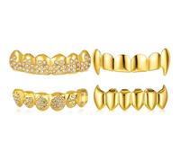 Soulchen 2 Set Vampire Teeth Diamond Grills for Your Teeth for Men Women 18k Gold Plated Hip Hop Rapper Costume Cosplay with Extra Molding Bars, One Size, 100% Brass, No Gemstone