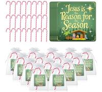 Soulchen 24 Packs Religious Christmas Plastic Peppermint Candy Cane with Jesus Is the Reason for the Season Card Organza Bag Gift Set for Church Gatherings Holiday Events Community Supply
