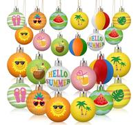Soulchen 24 Pcs Summer Hawaii Tree Ornaments 1.2 Inch Mini Hawaii Plastic Ball Hanging Decoration Beach Sun Coconut Watermelon Wave Coastal Colorful Summer Hawaiian Tree Decoration for Holiday Party