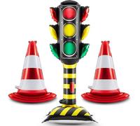 Soulchen 3 Pack Giant Self Standing Foil Balloons 3.5 ft Traffic Light and 1.6 ft Road Cones Balloons with Base for Race Car Theme Birthday Party Decoration Traffic Construction Safety Supplies Decor