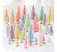 Soulchen 30 Pcs Pastel Mini Christmas Trees Christmas Centerpieces for Tables Village Decor Bottle Brush Xmas Sisal Trees with Wood Base for Xmas Table Top Winter Ornaments DIY Crafts (Small,Pastel)