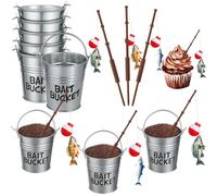 Soulchen 36 Pcs Fishing Birthday Party Decorations Include 12 Fish Cupcake Pole Picks 12 Mini Tackle Bait Bucket 12 Bobber for Gone Fishing Theme Supplies Ocean Party Cake Decor