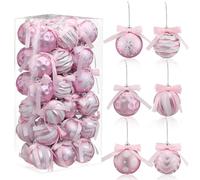 Soulchen 36 Pcs Pink and White Christmas Ball Ornaments Set with Bows 2.36” Christmas Tree Ornaments Xmas Hanging Decoration for Tree Present Banister Wreath Garland Indoor Party Supplies