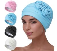 Soulchen 4 Pack Floral Swim Caps for Women Waterproof Swimming Turban Elastic Full Coverage Bathing Hat for Long Hair Care Ear Protection, Pool, Beach, Water Sports Supplies(Pink, Black, Blue, Purple)