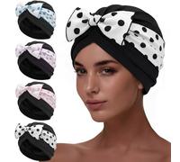 Soulchen 4 Pack Women Swim Caps for Long Hair Turban Bathing Caps with Polka Dot Bow Pleated Elastic Swimming Hats Fabric Cloth Waterproof Ear Protection Stylish Pool