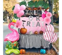 Soulchen 40 Pcs Halloween Trunk or Treat Decorations Kit Flamingo Jungle Theme Car Trunk Decor Trick or Treat Banner Pink Table Skirt Inflatable Flamingo Balloon for Car Archway Party Supplies