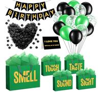 Soulchen 5 Senses Gift Birthday Decorations Five Senses Gift Bags Party Decoration with Happy Birthday Banner Taste Touch Sound Rose Petals Balloon for Party (Green Black)
