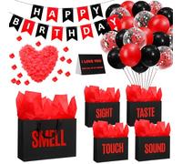 Soulchen 5 Senses Gift Birthday Decorations Five Senses Gift Bags Party Decoration with Happy Birthday Banner Taste Touch Sound Rose Petals Balloon for Party(Red Black)