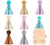Soulchen 7 Pcs Mini Party Hats 3.15 Inch for Doll Tiny Cone Hats with Pom Poms Glitter for Doll Stuffed Animals Birthday Party Decor Costume Accessories
