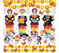Soulchen 84 Pcs Day of The Dead Decorations Set Dia De Los Muertos Hanging Decor Sugar Skull Swirls String Light Marigold Garland Monarch Butterfly Marigold Flowers with Stem for Ofrenda Altar Decor