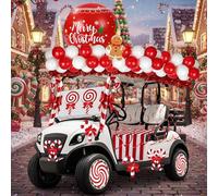 Soulchen 89 Pcs Christmas Golf Cart Decorations Large Inflatable Christmas Balls Candy Canes Balloons PVC Red&white Backdrop Tinsel Garland Hanging Swirl for Golf Cart Party Supplies Decor