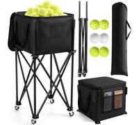 Soulchen Foldable Tennis Ball Cart Holds 200 Tennis Portable Hopper Basket with Wheels Lid Storage Bag Large Capacity Pickup Hopper Dinkball Holder Cart for Baseball Softball Paddleball Training