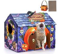 Soulchen Halloween Cat Cardboard House with Scratcher Skull Purple Haunted House Design Cat Beds with Pumpkin Door 17.7x14.6x13 Inch Happy Halloween Decorations for Indoor Cats Holiday Party