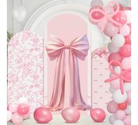 Soulchen Pink Bow Floral Arch Backdrop Cover Set of 3 with Balloons 4/5/6 ft Fabric Pink White Wedding Chiara Arch Covers for Coquette Bow Party Birthday Wedding Bridal Shower Party Decorations