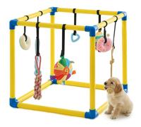 Soulchen Puppy Play Gym with 8 Hanging Toys, Interactive Sensory Mat for Pets Indoor Jungle Gym PVC Frame with Bungee Straps Enrichment Activity Center (19.69 x 19.69 x 19.69 Inches)