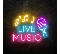 soulglass Bold Live Music Neon Sign with Vintage Mic & Musical Notes - Multi-Color Yellow-Blue-Pink Glow for Stage Backdrop or Lounge - Fully Customizable Text & USB Powered