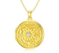 SOULMEET 18k Gold Plated Silver Round Sunflower Locket Necklace That Holds Pictures Photos Locket Necklace with CZ (Locket only)