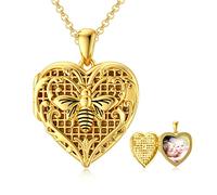 SOULMEET 9k 14k 18k Solid Yellow Gold/Gold Plated Silver Heart Honeycomb Bee Locket Necklace That Holds 1 Picture Personalized Custom Picture Photo Locket (Custom photo)