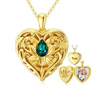 SOULMEET 9k 14k 18k Solid Yellow Gold/Plated Silver Heart Hollow Lotus Locket Necklace That Holds 1 Picture Personalized Letters Engraved Custom Image Locket (Custom photo & text)