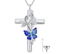 SOULMEET Blue Butterfly Cross Urn Necklace for Ashes Silver Moissanite Cross Butterfly Ashes Necklaces with Forever in My Heart Keepsake Cremation Locket Jewelry for Human (Custom Text)