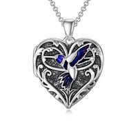 SOULMEET Blue Hummingbird Locket Necklace That Holds 2 Pictures Photo Talking Bird Locket Pendant Sterling Silver Custom Jewelry Gift for Women Daughter (Locket only)