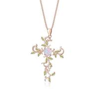 SOULMEET Cross Pendant Necklace Jewelry Gift for Women Sterling Silver Simulated Opal Rose Gold Plated Leaf Necklace for Love God We Trust