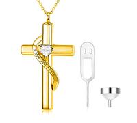 SOULMEET Crystal Cross Necklace for Ashes, Gold Plated Silver I Love You Forever Birthstone April Cross Urn Necklaces for Ashes Keepsake Cremation Jewelry for Pet Human Ashes