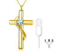 SOULMEET Crystal Cross Necklace for Ashes, Gold Plated Silver I Love You Forever Birthstone December Cross Urn Necklaces for Ashes Keepsake Cremation Jewelry for Pet Human Ashes