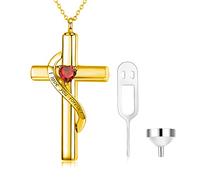 SOULMEET Crystal Cross Necklace for Ashes, Gold Plated Silver I Love You Forever Birthstone July Cross Urn Necklaces for Ashes Keepsake Cremation Jewelry for Pet Human Ashes