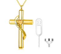 SOULMEET Crystal Cross Necklace for Ashes, Gold Plated Silver I Love You Forever Birthstone November Cross Urn Necklaces for Ashes Keepsake Cremation Jewelry for Pet Human Ashes