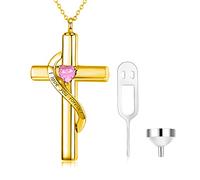 SOULMEET Crystal Cross Necklace for Ashes, Gold Plated Silver I Love You Forever Birthstone October Cross Urn Necklaces for Ashes Keepsake Cremation Jewelry for Pet Human Ashes