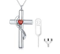 SOULMEET Crystal Cross Necklace for Ashes, Sterling Silver I Love You Forever Birthstone July Cross Urn Necklaces for Ashes Keepsake Cremation Jewelry for Pet Human Ashes