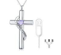 SOULMEET Crystal Cross Necklace for Ashes, Sterling Silver I Love You Forever Birthstone June Cross Urn Necklaces for Ashes Keepsake Cremation Jewelry for Pet Human Ashes