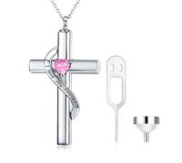 SOULMEET Crystal Cross Necklace for Ashes, Sterling Silver I Love You Forever Birthstone October Cross Urn Necklaces for Ashes Keepsake Cremation Jewelry for Pet Human Ashes