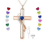 SOULMEET Custom 9K 14k 18k Real Rose Gold Cross Necklace for Ashes, Personalized Birthstone Cross Urn Necklace for Ashes Keepsake Cremation Jewelry for Pet Human Ashes