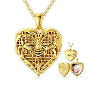 SOULMEET Gold Plated/9K 14K 18K Real Gold Butterfly/Bee/Owl/Elephant/Bunny/Dragon/Otter Heart Locket Necklace Holds Picture Photos Pendant Necklace for Women Men