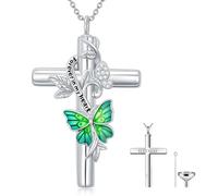 SOULMEET Green Butterfly Cross Urn Necklace for Ashes Silver Moissanite Cross Butterfly Ashes Necklaces with Forever in My Heart Keepsake Cremation Locket Jewelry for Human (Non Custom)