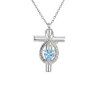 SOULMEET Heart Birthstone Infinity Cross Urn Necklace for Ashes 925 Sterling Silver Cremation Pendant Customized Birthstone Text Always in My Heart Ashes Holder Jewelry for Women Loved Ones(Mar.)