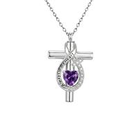 SOULMEET Heart Birthstone Infinity Cross Urn Necklace for Ashes 925 Sterling Silver Cremation Pendant Customized Birthstone Text Always in My Heart Ashes Holder Jewelry for Women Loved Ones(Feb.)