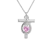 SOULMEET Heart Birthstone Infinity Cross Urn Necklace for Ashes 925 Sterling Silver Cremation Pendant Customized Birthstone Text Always in My Heart Ashes Holder Jewelry for Women Loved Ones(Oct.)