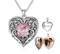 SOULMEET Heart Shaped Enamel Pink Lotus Locket Necklace That Holds 2 Pictures Photo Pendant New Beginning Sterling Silver Custom Personalized Locket Necklace (Custom photo & text)