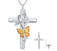 SOULMEET Orange Butterfly Cross Urn Necklace for Ashes Silver Moissanite Cross Butterfly Ashes Necklaces with Forever in My Heart Keepsake Cremation Locket Jewelry for Human (Non Custom)