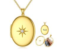 SOULMEET Personalized 9k 14k 18k Solid Gold/Plated Gold Oval Starburst Locket Necklace That Holds 1 Picture Photo “You Are My Dream Star” (Custom photo & text)