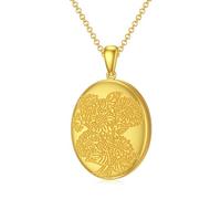 SOULMEET Personalized 9K 14k 18k Solid Gold/Plated Gold Signet Sunflowers Oval Locket Necklace That Holds Up to 4 Pictures Oval Family Photo Locket (Custom photo & text)