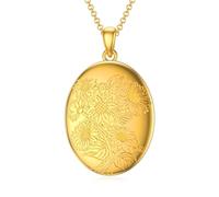 SOULMEET Personalized 9K 14k 18k Solid Gold/Plated Gold Signet Sunflowers Oval Locket Necklace That Holds 2 Pictures Oval Photo Locket (Custom photo)